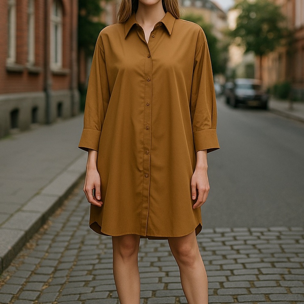 Classic Button-Front Shift Shirt Dress Jacket — Camel